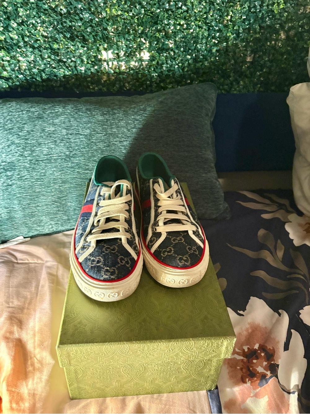 Gucci Denim GG Low-Top Sneakers with Red & Green Accents